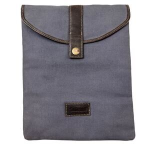 Timberland iPad Sleeve Navy Blue Waxed Canvas Brown Leather Trim Snap Button